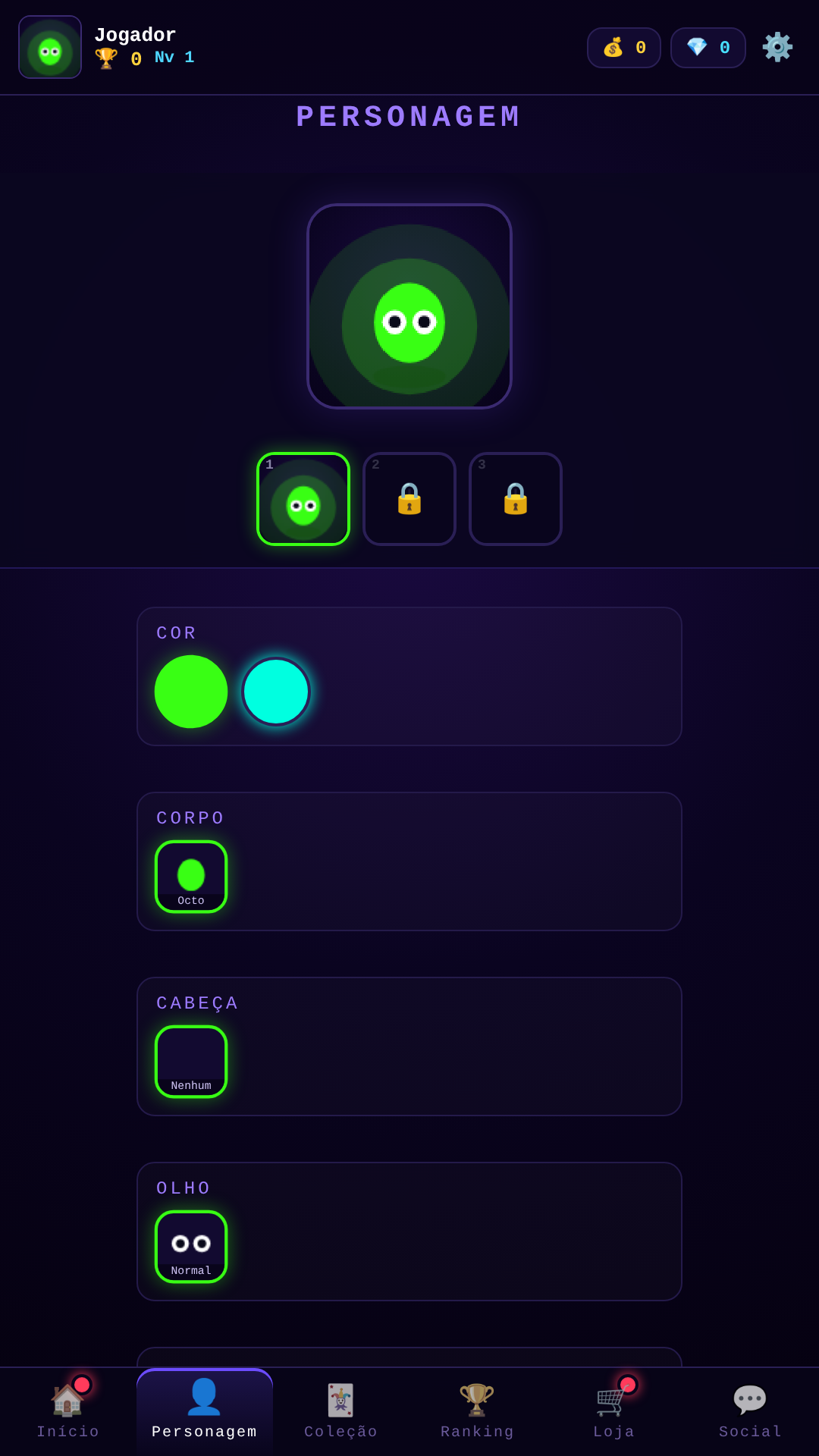 Tela de personagem, com cores e itens para montar o seu