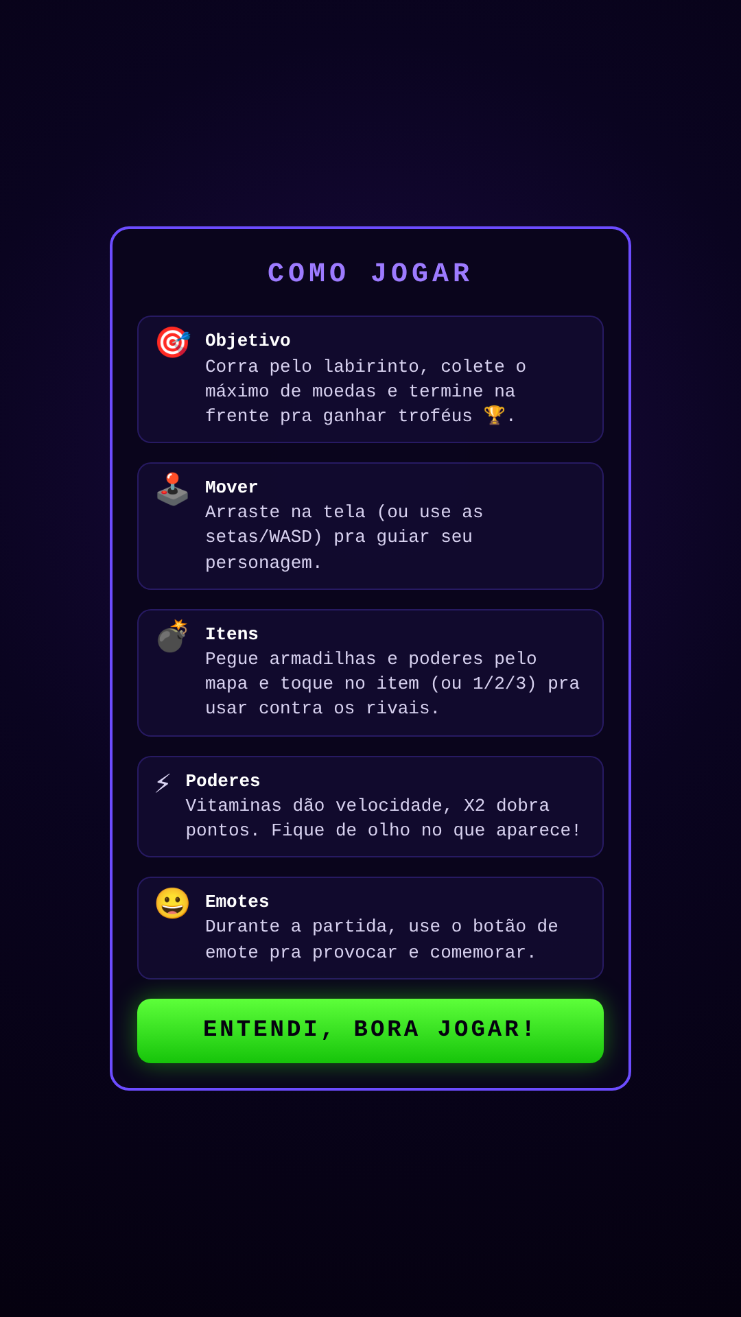 Tela COMO JOGAR, explicando objetivo, como mover, itens, poderes e emotes