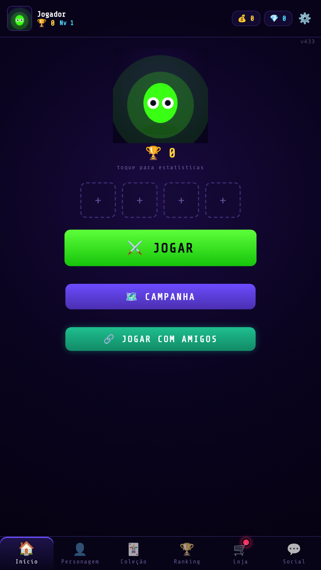 Menu do jogo: um botão JOGAR, campanha e sala com amigos